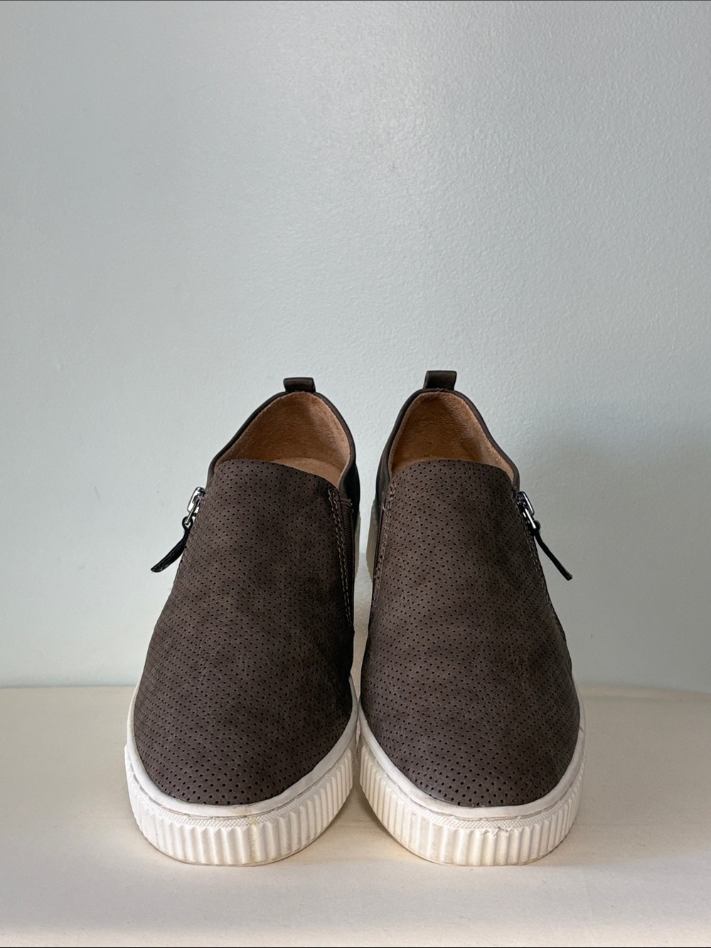 SOUL Naturalizer Taupe Slip-On Turner Perforated Platform Sneaker. Size—8.5